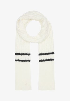 Weißer Strickschal mit strukturiertem Design, mit zwei schwarzen horizontalen Streifen nahe den Enden und einem kleinen Logoakzent an der Unterseite.