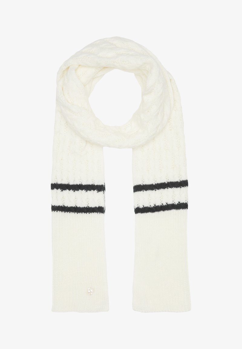 Biała dzianinowa szal z teksturowanym wzorem, z dwoma czarnymi poziomymi paskami blisko końców oraz małym logo na dole.