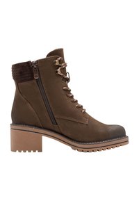 Bottines marron avec un col texturé marron, une fermeture éclair sur le côté, un laçage à l'avant et un talon épais. Fabriquées en matériaux synthétiques avec une semelle robuste.