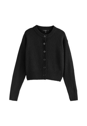 Black cropped cardigan made of soft fabric, featuring a round neck, ribbed cuffs and hem, and six black buttons down the front.