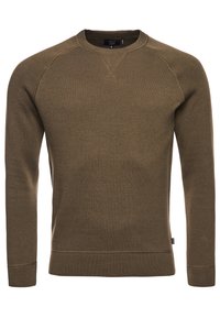 Sweat-shirt à col rond vert olive en tissu doux, avec poignets et ourlet côtelés, coupe classique avec manches raglan.