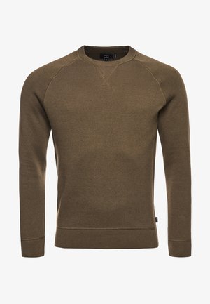 Oliemgroene crewneck trui gemaakt van zacht stof, met geribbelde manchetten en zoom, en een klassieke pasvorm met raglanmouwen.