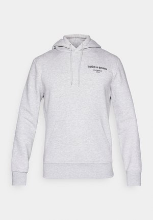 Gray hoodie made of cotton blend, features a drawstring hood, front pouch pocket, and black printed logo details on the chest.