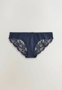 Culotte bikini bleu marine pour femme avec des panneaux en dentelle fleurie sur les côtés et un petit nœud au centre de la ceinture.