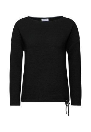 Maglia nera a maniche lunghe con un design testurizzato, scollatura rotonda e dettaglio con cordino all'orlo per una vestibilità regolabile. Etichetta del marchio: CECIL.