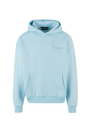 Jasnoniebieska bluza z kapturem z przednią kieszenią, wyszywanym logo na klatce piersiowej oraz ściągaczami przy mankietach i u dołu. Gładki, miękki materiał o luźnym kroju.