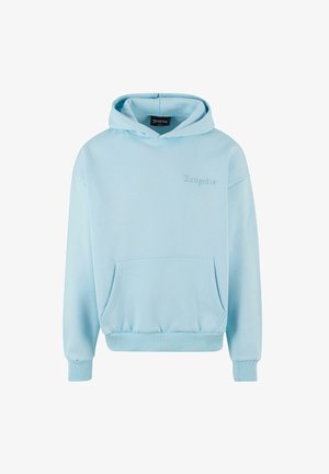Jasnoniebieska bluza z kapturem z przednią kieszenią, wyszywanym logo na klatce piersiowej oraz ściągaczami przy mankietach i u dołu. Gładki, miękki materiał o luźnym kroju.