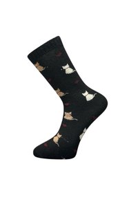 Black knit socks featuring a pattern of various colored cats and small hearts, with a ribbed cuff and soft texture.