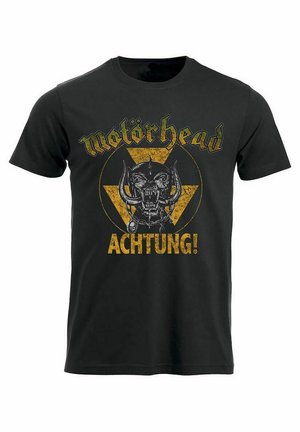 Zwarte katoenen t-shirt met ronde hals, voorzien van een gele driehoek grafiek, een schedel logo, en de tekst "Motörhead" en "ACHTUNG!" in vette letters.
