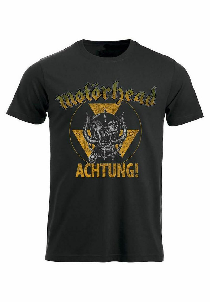 Camiseta de algodón negra con cuello redondo que presenta un gráfico de triángulo amarillo, un logo de calavera y el texto "Motörhead" y "ACHTUNG!" en negrita.