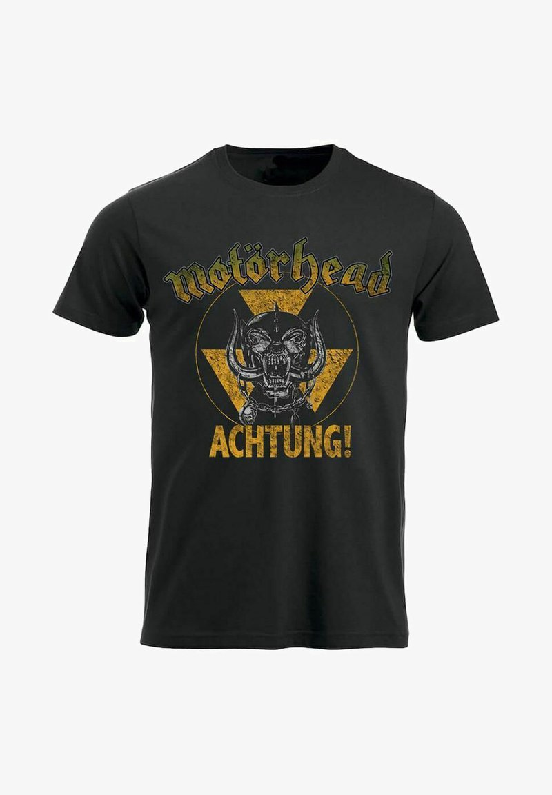 Svart bomull t-skjorte med rund hals som har et gult trekantsgrafikk, et hodeskallelogo, og teksten "Motörhead" og "ACHTUNG!" med fet skrift.