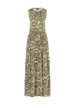 Vestido largo sin mangas con escote redondo, base verde claro y un gran estampado floral verde oscuro a lo largo de toda la prenda.