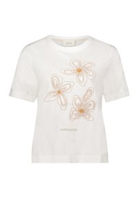 T-shirt en coton blanc avec trois fleurs brodées en beige et or, accompagnées d'un détail textuel "Jardin de Fleurs" en dessous. Manches courtes, col rond.