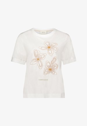 Biała bawełniana koszulka z krótkim rękawem, z haftowanymi trzema kwiatami w odcieniach beżu i złota, z napisem "Ogród Kwiatowy" poniżej. Okrągły dekolt.