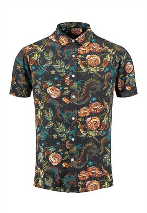 Korte mouw blouse in zwarte stof met kleurrijke bloemen- en drakenpatronen, knoopsluiting aan de voorkant en een klassiek kraagontwerp.