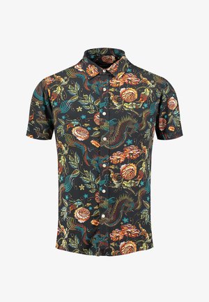 Camisa de manga corta en tejido negro con patrones coloridos de flores y dragones, cierre delantero con botones y diseño de cuello clásico.