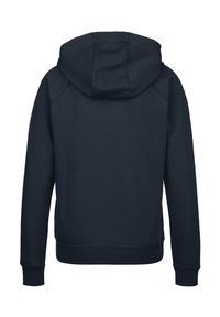 Marineblauwe hoodie met een aantrekkoord in de capuchon, raglanmouwen en ribbelboorden aan de mouwen en onderkant. Gemaakt van zacht materiaal met een gladde textuur.