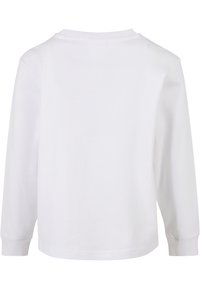 Balta ilgomis rankovėmis, be apykaklės marškinėliai, matomi iš nugaros, su ribotais rankogaliais ir tiesia apačia.