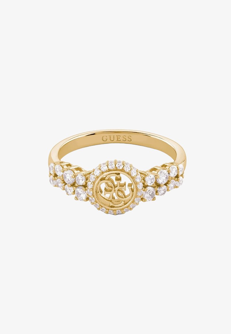 Bague en or avec un centre circulaire présentant des lettres entrelacées, entourée de petits pierres précieuses claires le long des bords de la bande.