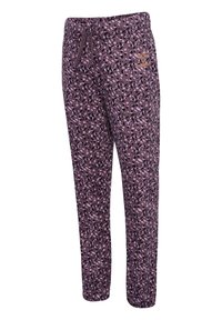 Lila pyjamasbyxor med ett semi-abstrakt flerfärgat mönster, med resårmidja och dragsko. Mjuk tyg, avslappnad passform.