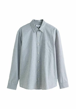 Light grey long-sleeve button-up shirt with small white checkered pattern and pointed collar, displayed against white background.
