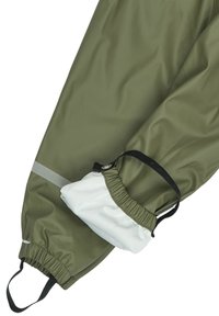 Olive green waterproof jacket sleeve with elastic cuffs; features reflective strip and adjustable black strap near the wrist. Soft white lining.