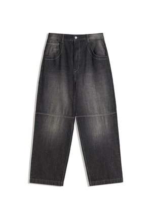 Dunkelgraue Jeans mit lockerem Schnitt, zwei Vordertaschen und kontrastierender Naht. Der Stoff hat eine leicht ausgewaschene Optik.