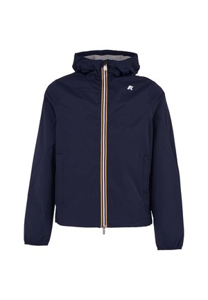 Veste légère bleu marine avec capuche. Comprend une fermeture éclair devant avec des rayures jaunes et blanches, des poignets élastiques et un logo sur le haut à gauche.