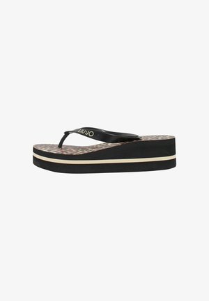Infradito platform nero con soletta leopardata, striscia crema sulla suola e cinturini neri con logo "LIU JO" dorato.