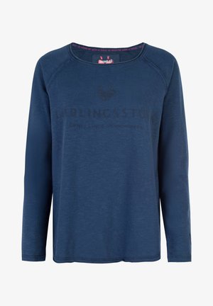 Haut en tricot à manches longues pour femmes, bleu marine, avec encolure ronde et texte en relief "Lieblingsstück lovely knit & womenswear" sur le devant.