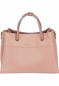 Borsa in pelle rosa con manici doppi, dettagli in metallo dorato e logo "VALENTINO" impresso. Superficie texture, forma strutturata.