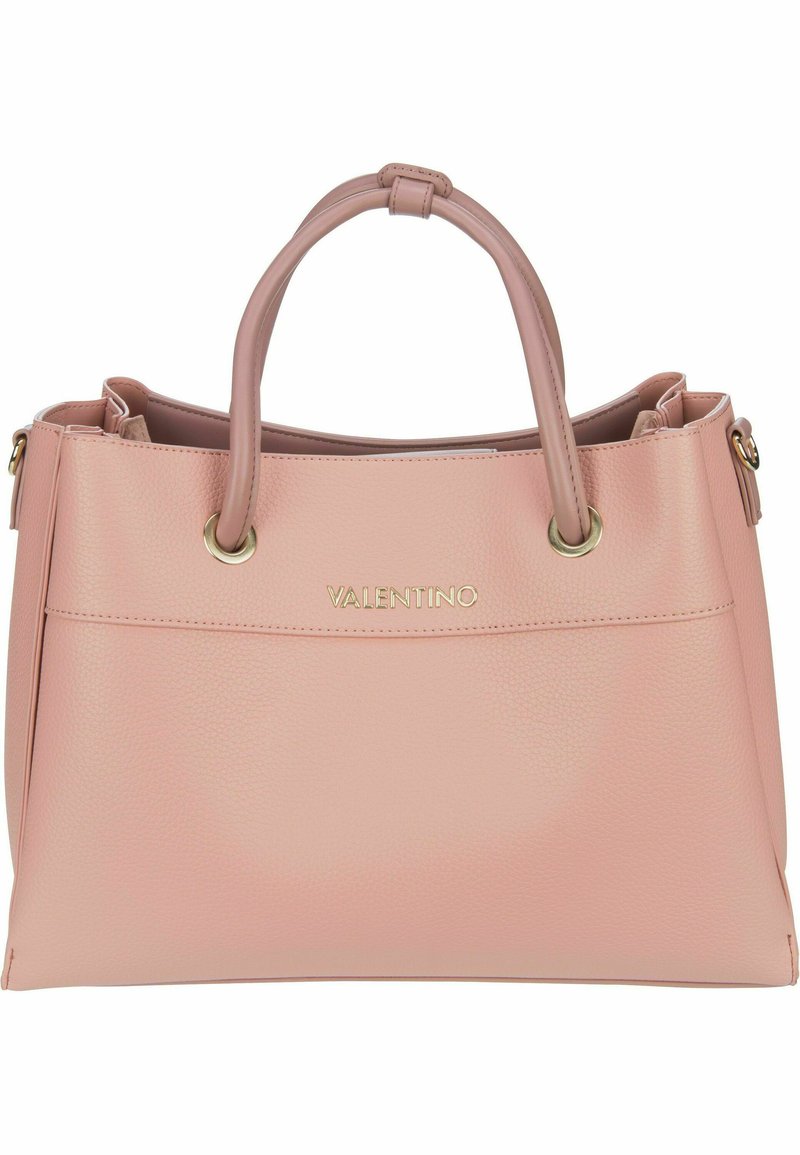 Borsa in pelle rosa con manici doppi, dettagli in metallo dorato e logo "VALENTINO" impresso. Superficie texture, forma strutturata.