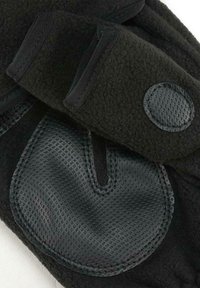 Black fleece gloves feature textured black synthetic accents, a rounded palm patch, and adjustable straps for a secure fit.