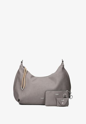 Grau Leder Schultertasche mit glatter Textur, ausgestattet mit einem geflochtenen Tragegurt, silbernem Hardware und zwei abnehmbaren Taschen zur Organisation.