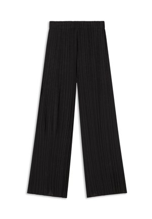 Zwarte wijde broek gemaakt van geplooide stof, met een elastische tailleband en een gladde, strakke textuur.