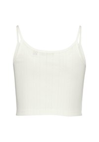 Weißes, kurz geschnittenes Tanktop mit dünnen Trägern, strukturiertem Strickstoff und vertikalen Mustern. Einfaches, schlichteres Design und nahtlose Kanten.