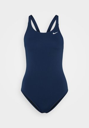 Navy one-piece swimsuit with a fitted design, thin straps, and a small white Nike logo on the chest. Smooth, stretchy fabric.