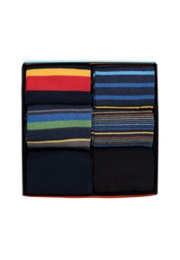 Confezione di sei paia di calze in maglia con vari design: nero uni, blu navy e righe multicolori in rosso, blu e verde.