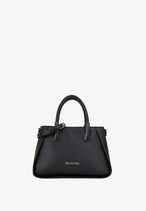Borsa Valentino nera con manici intrecciati, tracolla regolabile e logo dorato sul davanti, dalla forma rettangolare strutturata.