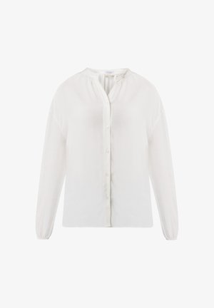 Hvid, let bluse med rund halsudskæring, lange ærmer, knaplukning foran og subtile læg ved halsen. Glat tekstur.