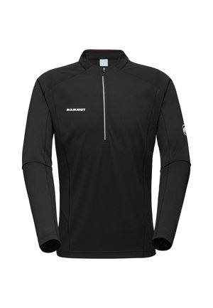 Zwarte lange mouwen pullover van rekbare stof, met een halve rits hals, platte naden en een wit logo op de linkerborst.