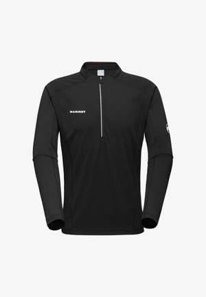 Pullover nero a maniche lunghe realizzato in tessuto elasticizzato, con colletto a mezza zip, cuciture piatte e logo bianco sul lato sinistro del petto.