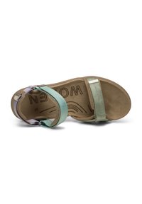 Öppen tå sandal med gröna och lavendelfärgade remmar. Mjuk fotbädd, minimalistisk design och gummisula, med en märkesskrift.
