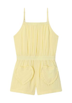 Gele mouwloze romper met verstelbare spaghettibandjes, elastische taille en hartvormige voorzakken met gerimpelde randen.