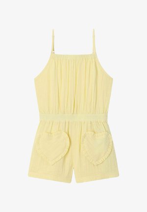 Gele mouwloze romper met verstelbare spaghettibandjes, elastische taille en hartvormige voorzakken met gerimpelde randen.