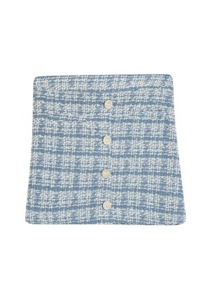 Haut en tissu à carreaux bleus et blancs avec une surface texturée, featuring quatre boutons ressemblant à des perles le long de l'avant. Forme carrée, design ajusté.