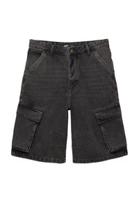 Cargo shorts in zwart denim, met twee grote zijzakken, een ritsvlieg en een relaxte pasvorm, met een licht vervaagde textuur.