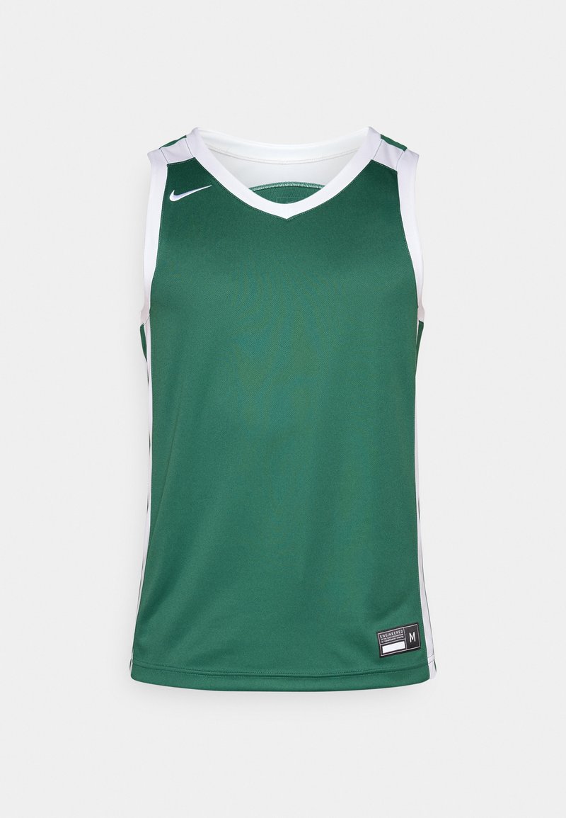Groene mouwloze basketbaltop gemaakt van soepel materiaal, met witte accenten aan de zijkanten en een V-hals ontwerp. Nike-logo op de borst.