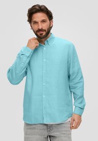 Himmelblaues, langärmeliges Hemd mit Knopfleiste aus einem strukturierten Stoff, das über einen klassischen Kragen und eine Vorderknopfleiste verfügt.