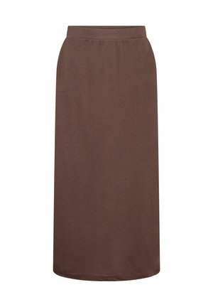 Bruine midi-skirt van zacht materiaal met een elastische tailleband en een rechte silhoutte, met een gladde textuur en zonder zichtbare patronen.
